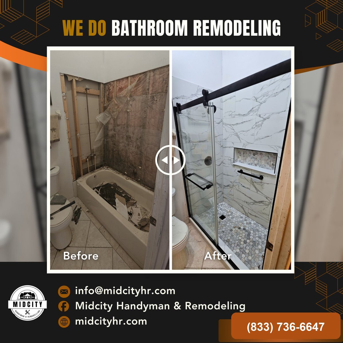 Before and after bathroom remodel by Midcity Handyman & Remodeling, worn tub surround transformed into a marble and glass shower